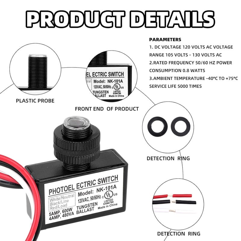 BTFO 6pcs 105V-130V AC Photocell Light Sensor with Auto On/Off, Dusk to Dawn Photoelectric Switch for Outdoor Lighting Street Lights Control with Nuts & Washers - Image 3